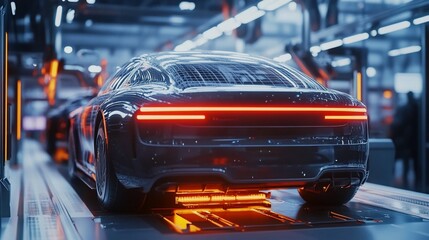 Poster - A modern car on an assembly line in a high-tech factory setting.