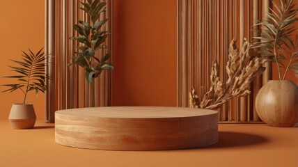 Wall Mural - One brown wooden round cylinder product stage podium on orange background. Minimal fashion theme. Geometry exhibition stage mockup concept. 