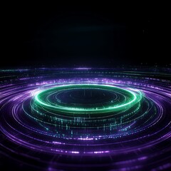 Poster - futuristic abstract background with glowing neon circles and data stream in purple and green colors