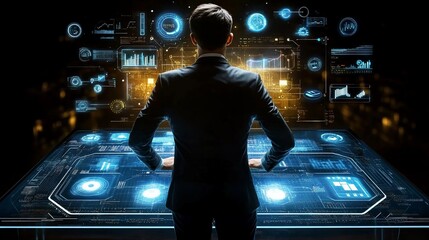 Poster - A person interacts with a futuristic digital interface displaying data.