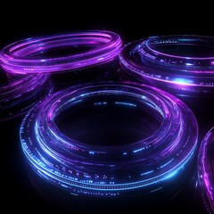 Poster - Futuristic Abstract Circles with Glowing Neon Lights on Dark Background for Digital Art and Technology Themes