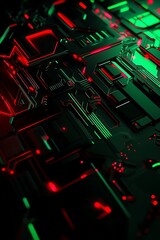 Poster - Futuristic Abstract Circuit Board Design with Green and Red Lights in a Dark Background