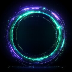 Poster - Futuristic Abstract Circular Design with Colorful Light Trails and Digital Elements in a Dark Background
