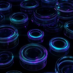 Poster - Futuristic Abstract Design with Neon Circles and Patterns in Dark Background for Creative Projects and Inspiration