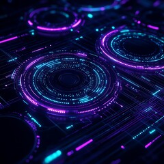 Poster - Futuristic Abstract Design with Neon Circles and Glowing Lines in Blue and Purple Color Palette