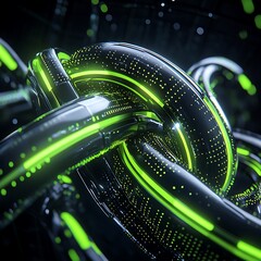 Poster - Futuristic Abstract Design with Neon Green Light Trails and Interwoven Circular Shapes in Dark Background