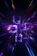 Poster - Futuristic Abstract Digital Art with Colorful Light Trails and Transparent Cubes in Dark Background