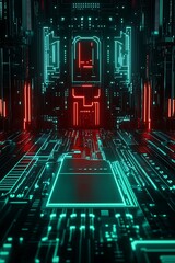 Poster - futuristic abstract digital landscape with neon lights and circuit patterns in cyber environment