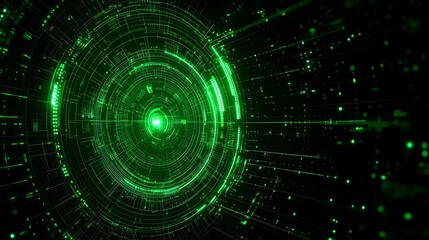 Aufkleber - Futuristic Abstract Green Circular Digital Background with Glowing Lines and Data Streams in a Cybernetic Space