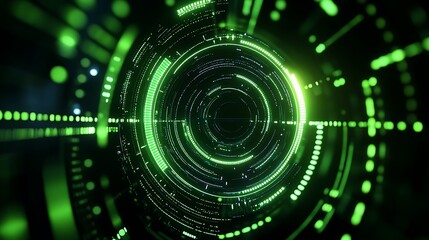 Poster - Futuristic Abstract Green Circular Pattern with Digital Lines and Glowing Effects for Technology Backgrounds