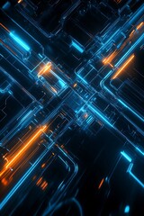 Poster - futuristic abstract technology background with glowing blue and orange light patterns in a digital s
