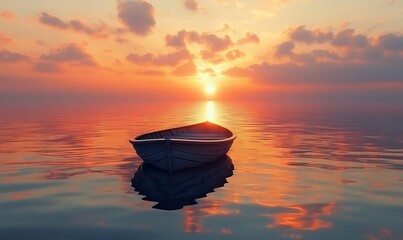 Aufkleber - A serene boat floating on calm waters during a vibrant sunset.