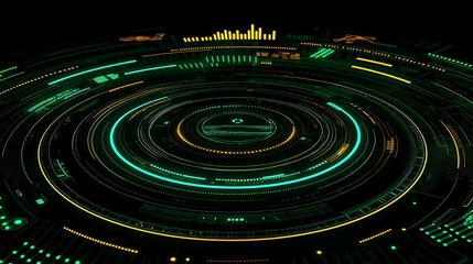 Poster - futuristic circular technology interface with green lights and digital elements on dark background