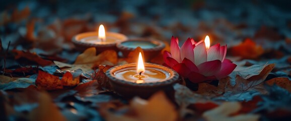 Poster - A serene scene with candles and a lotus flower amidst autumn leaves.