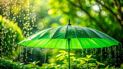 Wall Mural - Vibrant Green Umbrella with Water Drops on Lush Green Background, Capturing the Essence of Nature and Refreshing Atmosphere in Architectural Photography