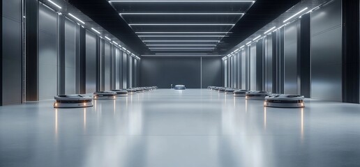 Poster - A sleek, modern robotic facility with automated machines in rows.