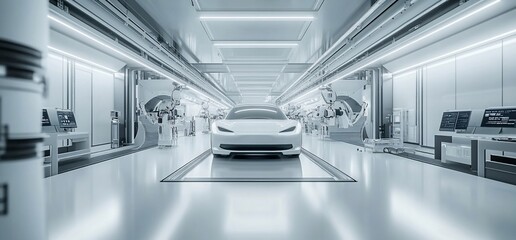Poster - A sleek vehicle in a modern, high-tech manufacturing facility.