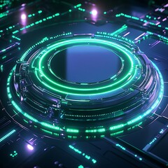 Poster - Futuristic Digital Interface with Neon Lights and Circular Design for Technology Concepts and Innovation Imagery