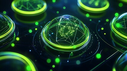 Poster - futuristic digital network sphere with bright green light effects and abstract data visualization de