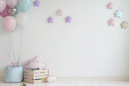 A white wall with a cluster of pastel balloons. a wooden crate with a plush star. and scattered star decorations. perfect for a baby shower or birthday celebration