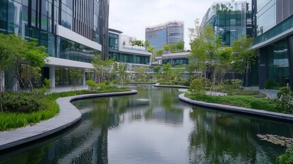 Poster - Wellness in urban landscapes modern green buildings and nature-inspired architecture in aerial views
