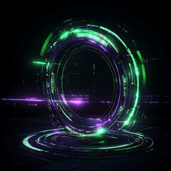 Poster - Futuristic glowing circular portal with vibrant neon lights and digital patterns on a dark background