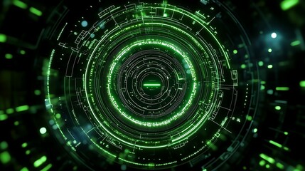 Poster - Futuristic Green Circular Digital Interface with Glowing Patterns and Data Stream Elements