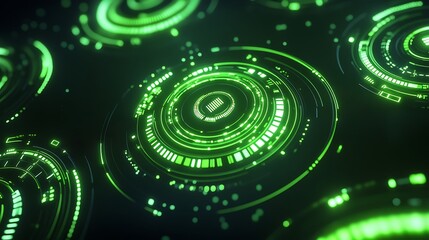 Poster - futuristic green circular interface elements with glowing digital patterns and modern design aesthet