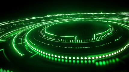 Poster - futuristic green circular technology background with neon lights and abstract geometric patterns