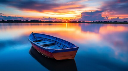 Poster - A tranquil boat on still water during a vibrant sunset.