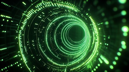 Poster - Futuristic Green Light Spiral Visualization with Circular Patterns and Data Flow in a Digital Environment