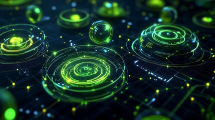 Aufkleber - Futuristic Green Technology Background with Digital Circles and Pulsating Light Effects for Abstract Design Use