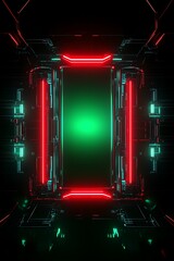 Poster - futuristic neon corridor with bright red and green lights in a high-tech environment