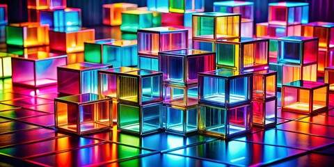 Wall Mural - Vibrant Product Photography of Colorful Box Cubes with Dynamic Lighting Effects Showcasing an Artistic Display of Shapes and Colors to Enhance Visual Appeal for Marketing Purposes