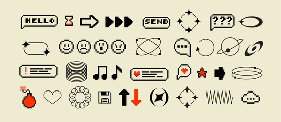 Fototapete - Pixels and geometric line elements set. Y2k trendy stickers. Mood of 90's aesthetics. 8-bit retro style vector illustration. Blue background. Simple geometric form, arrow, symbol, icon