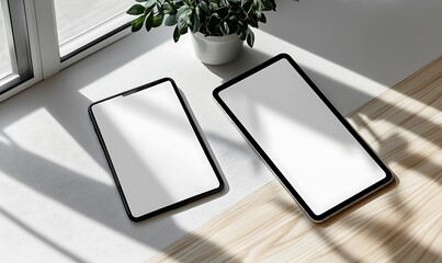 Wall Mural - Two Tablets Resting Near A Plant On A Windowsill