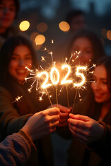 fireworks sparklers in the form of numbers 2025. sparks of fire.