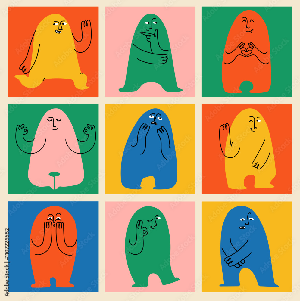 Abstract cute creatures or mascot doodle characters set with different ...