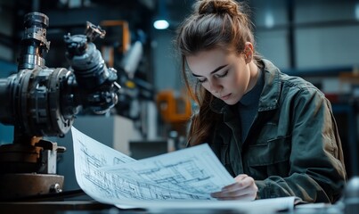 Poster - A young woman examines technical blueprints in an industrial setting.