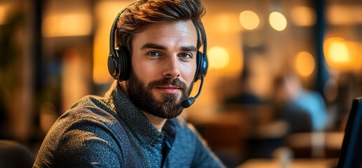Aufkleber - A young man with a headset working at a computer in a modern office.