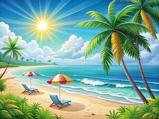 Wall Mural - Vibrant Summer Beach Illustration with Clear Blue Sky and Gentle Waves, Perfect for Vacation Themes and Seasonal Promotions, Featuring a Relaxing Coastal Paradise Scene