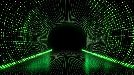 Poster - Futuristic tunnel with glowing green lights and digital patterns creating an immersive visual experience