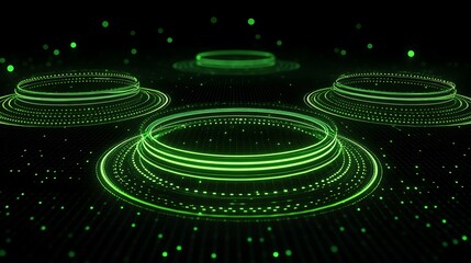 Poster - Green Abstract Visualization with Circular Patterns and Glowing Dots in a Dark Background