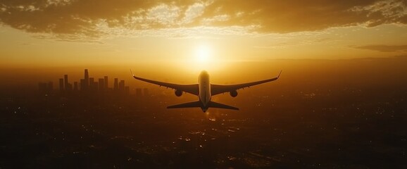 Aufkleber - Airplane flying towards the sunset over a city skyline.