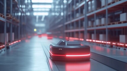 Poster - Automated robots navigating a warehouse with shelves of products.