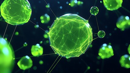 Poster - Luminous Green Spheres Connected by Bright Neon Lines in a Dark Abstract Space Visualization