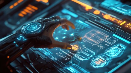 Poster - A hand interacts with a digital interface displaying technology trends and data analysis in a futuristic setting