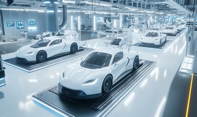 Poster - Futuristic automotive assembly line with sleek white vehicles.