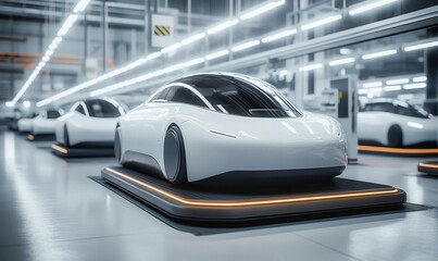 Poster - Futuristic cars in a high-tech manufacturing facility.