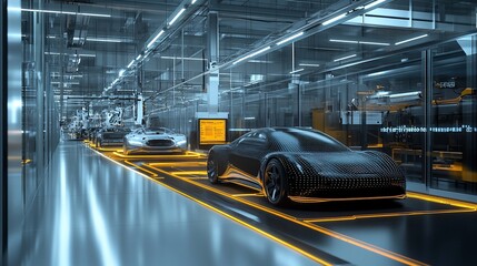 Fototapete - Futuristic automotive factory showcasing advanced vehicle production.